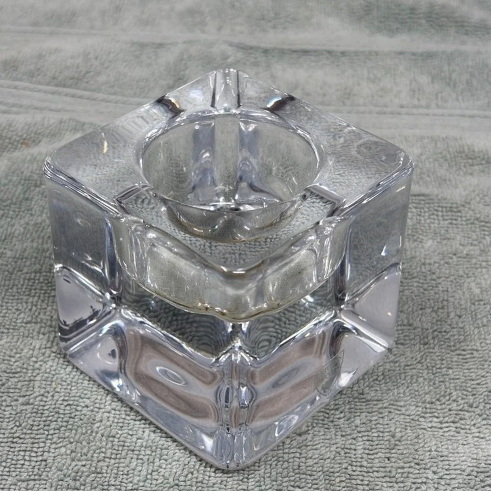 Orrefors Sweden Crystal Cube Votive Candle‎ Holder Signed Clear Art Glass Heavy